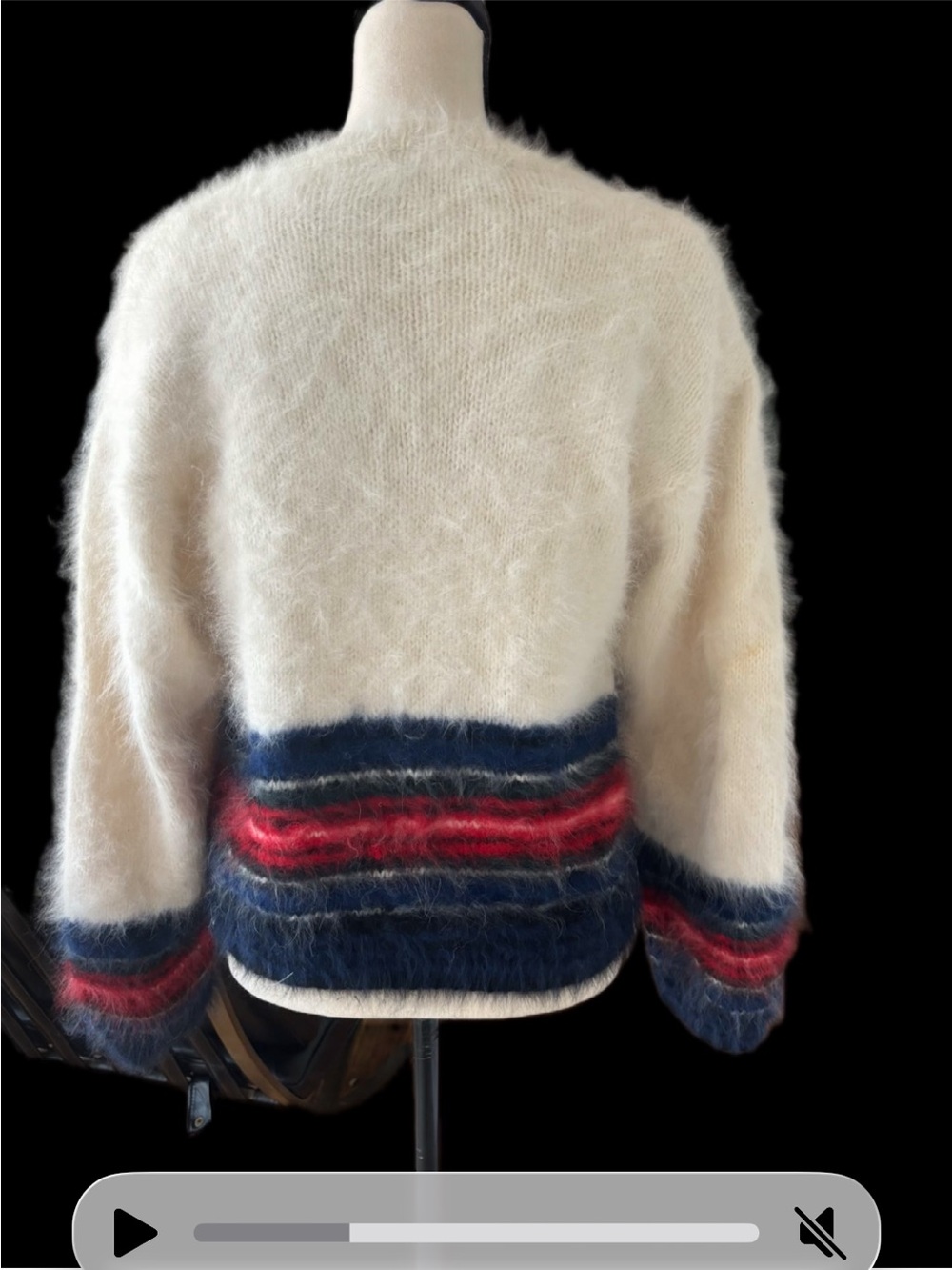 Vintage Gloria Sachs Cream Angora Blend Sweater with Navy & Red Stripes - Picture 2 of 3